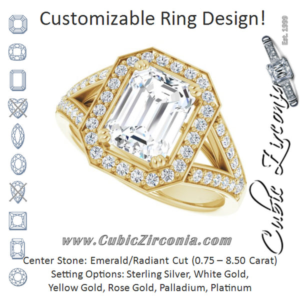 Cubic Zirconia Engagement Ring- The Aryanna (Customizable Cathedral-set Emerald Cut Style with Accented Split Band and Halo)