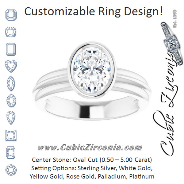 Cubic Zirconia Engagement Ring- The Aretha (Customizable Bezel-set Oval Cut Solitaire with Grooved Band)