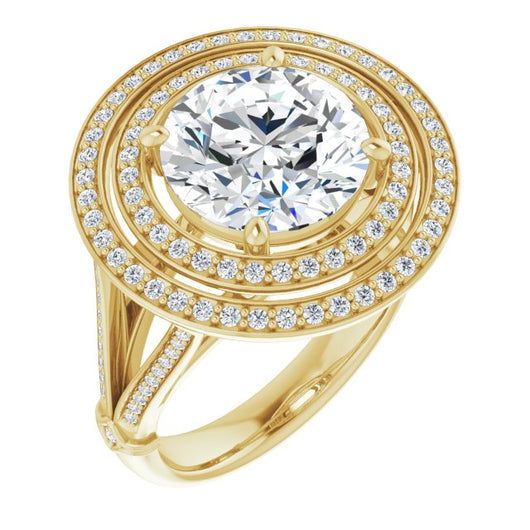 10K Yellow Gold Customizable Cathedral-set Round Cut Design with Double Halo, Wide Split-Shared Prong Band and Side Knuckle Accents