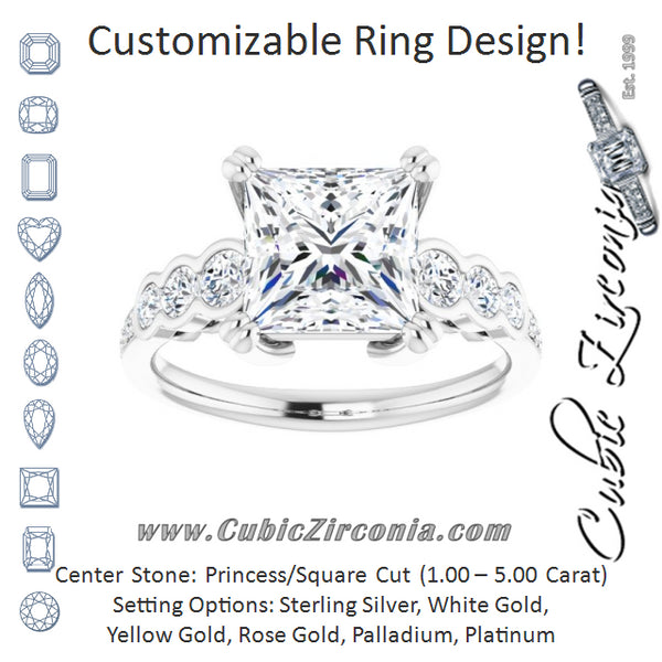 Cubic Zirconia Engagement Ring- The Jeanna (Customizable Princess/Square Cut 7-stone Style Enhanced with Bezel Accents and Shared Prong Band)