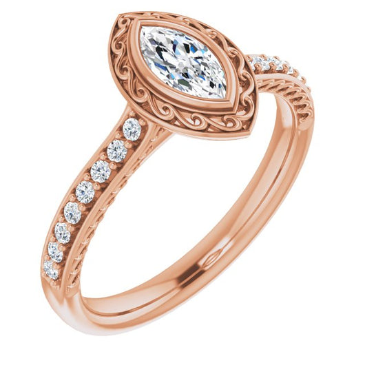 10K Rose Gold Customizable Cathedral-Bezel Marquise Cut Design featuring Accented Band with Filigree Inlay