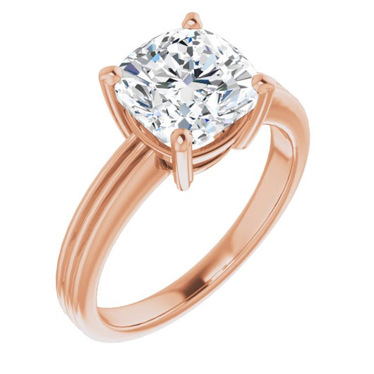 10K Rose Gold Customizable Cushion Cut Solitaire with Double-Grooved Band