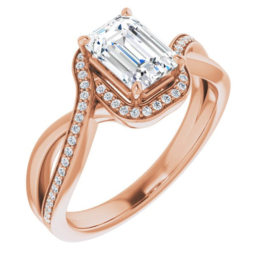 10K Rose Gold Customizable Bypass-Halo-Accented Emerald/Radiant Cut Center with Twisting Split Shared Prong Band