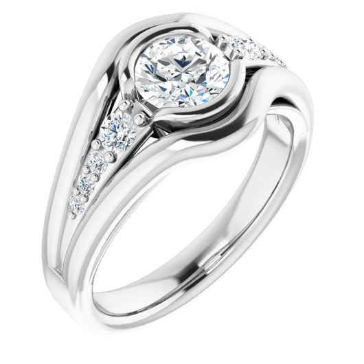 10K White Gold Customizable 9-stone Round Cut Design with Bezel Center, Wide Band and Round Prong Side Stones