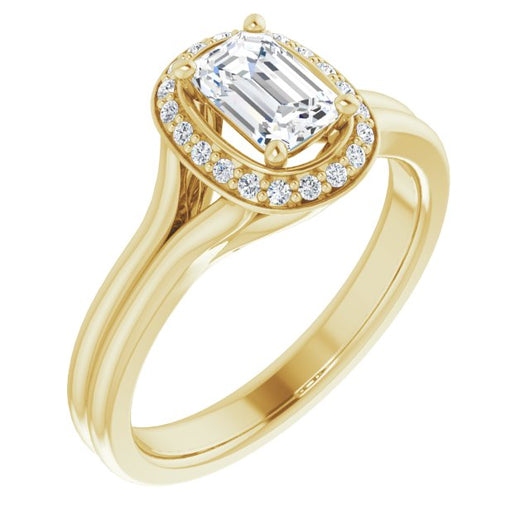 10K Yellow Gold Customizable Cathedral-set Emerald/Radiant Cut Design with Split-band & Halo Accents