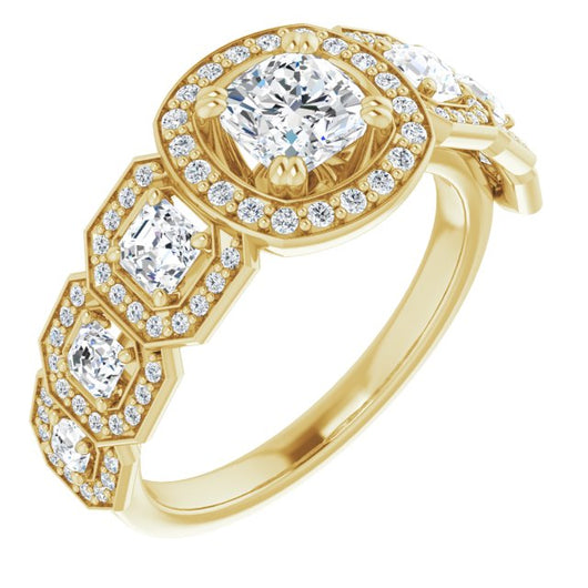 10K Yellow Gold Customizable Cathedral-Halo Cushion Cut Design with Six Halo-surrounded Asscher Cut Accents and Ultra-wide Band