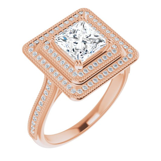 10K Rose Gold Customizable Princess/Square Cut Design with Elegant Double Halo, Houndstooth Milgrain and Band-Channel Accents