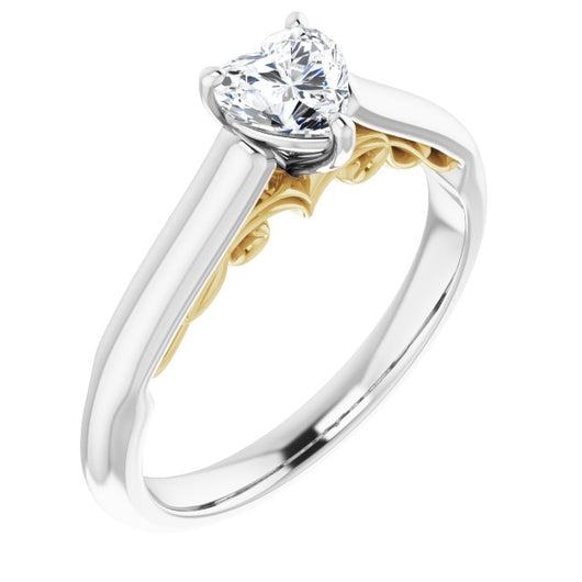 14K White & Yellow Gold Customizable Heart Cut Cathedral Solitaire with Two-Tone Option Decorative Trellis 'Down Under'