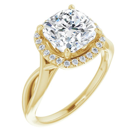 10K Yellow Gold Customizable Cathedral-Halo Cushion Cut Design with Twisting Split Band