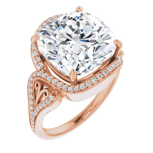 10K Rose Gold Customizable Cushion Cut Design with Bypass Halo and Split-Shared Prong Band