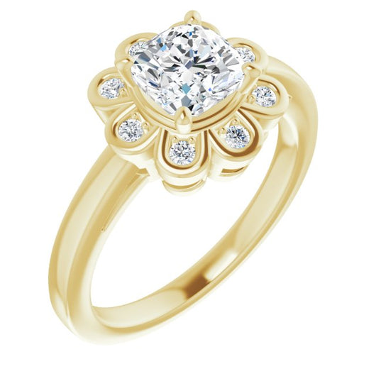 10K Yellow Gold Customizable 9-stone Cushion Cut Design with Round Bezel Side Stones