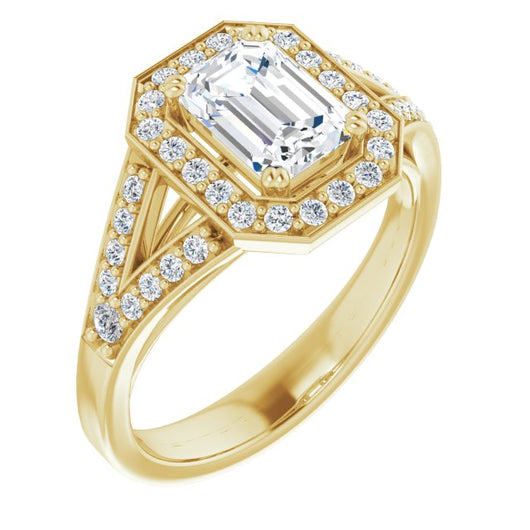 10K Yellow Gold Customizable Cathedral-set Emerald/Radiant Cut Style with Accented Split Band and Halo