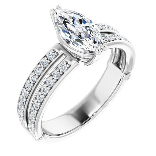 10K White Gold Customizable Marquise Cut Design featuring Split Band with Accents