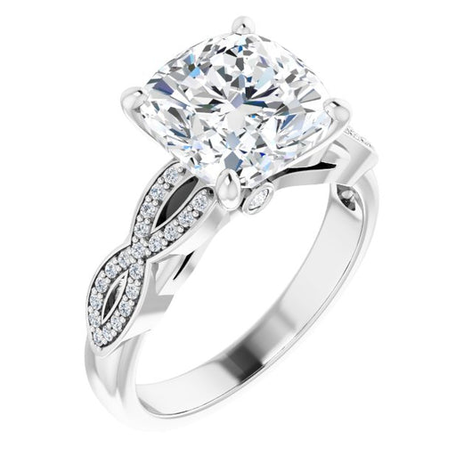 10K White Gold Customizable Cushion Cut Design featuring Infinity Pavé Band and Round-Bezel Peekaboos