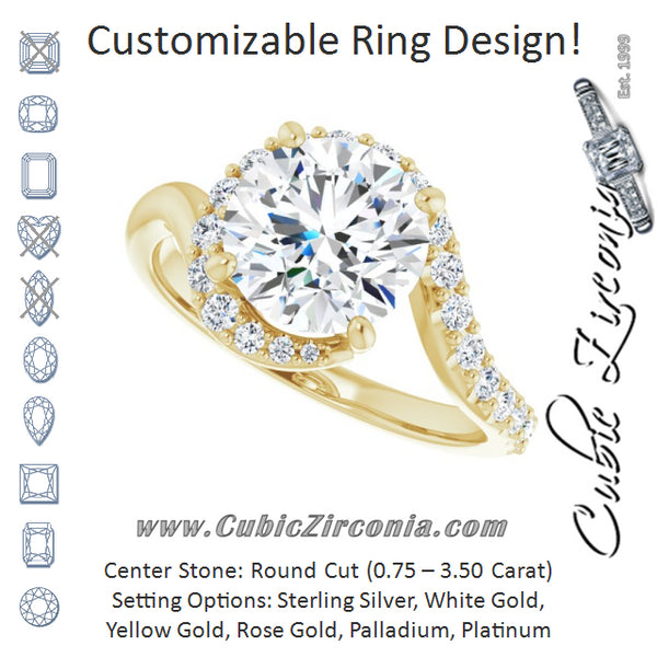 Cubic Zirconia Engagement Ring- The Phyllis (Customizable Round Cut Design with Swooping Pavé Bypass Band)