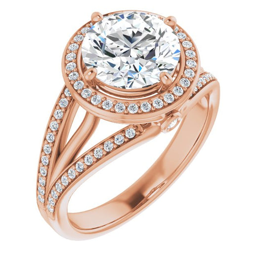 14K Rose Gold Customizable High-set Round Cut Design with Halo, Wide Tri-Split Shared Prong Band and Round Bezel Peekaboo Accents