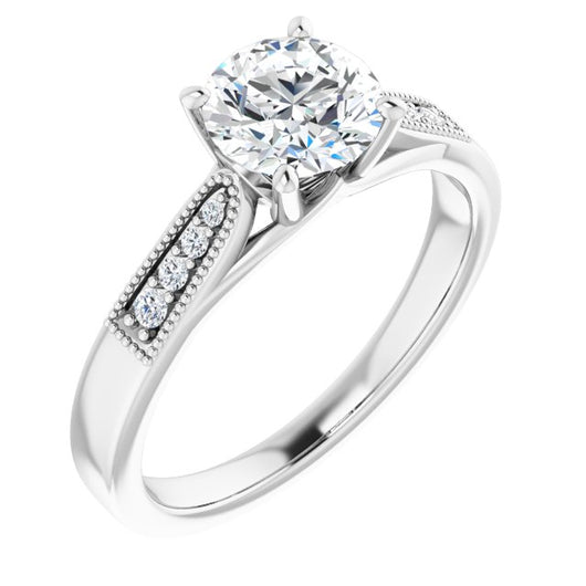 10K White Gold Customizable 9-stone Vintage Design with Round Cut Center and Round Band Accents