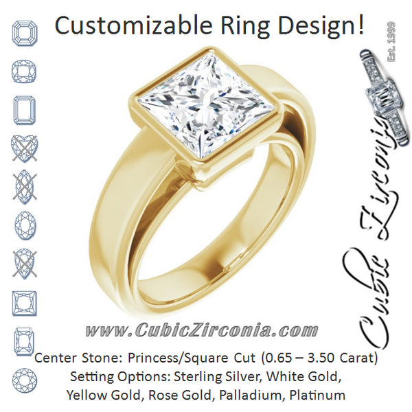 Cubic Zirconia Engagement Ring- The Dunyasha (Customizable Cathedral-Bezel Princess/Square Cut Solitaire with Wide Band)