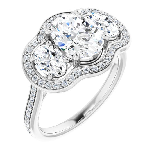 10K White Gold Customizable Oval Cut Style with Oval Cut Accents, 3-stone Halo & Thin Shared Prong Band