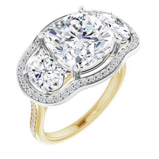 14K Yellow & White Gold Customizable Cushion Cut Style with Oval Cut Accents, 3-stone Halo & Thin Shared Prong Band