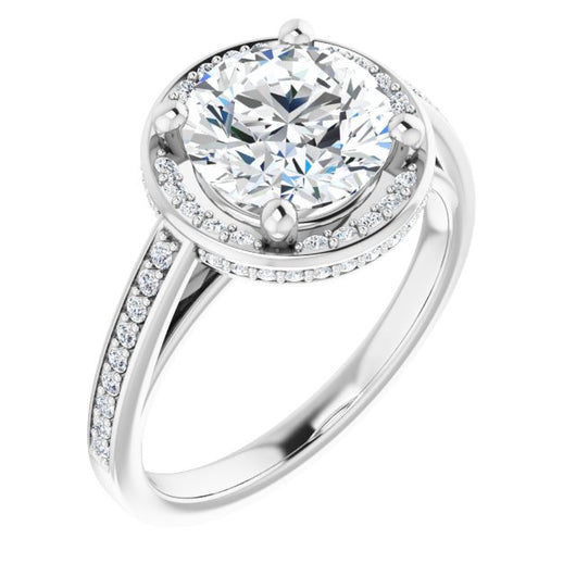 10K White Gold Customizable Cathedral-Halo Round Cut Design with Under-halo & Shared Prong Band