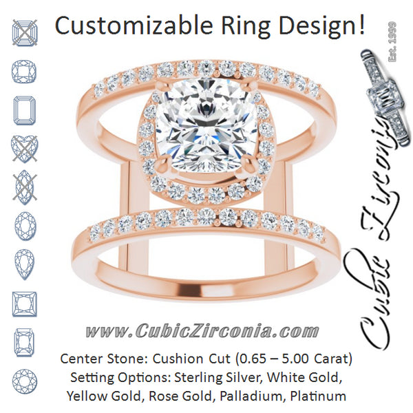 Cubic Zirconia Engagement Ring- The Jersey (Customizable Cushion Cut Halo Design with Open, Ultrawide Harness Double Pavé Band)