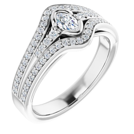 10K White Gold Customizable Cathedral-Bezel Marquise Cut Design with Wide Triple-Split-Pavé Band