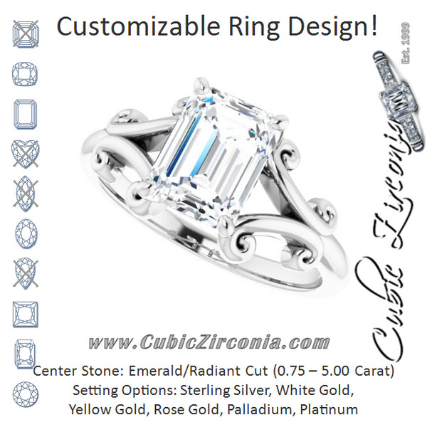 Cubic Zirconia Engagement Ring- The Paisley (Customizable Emerald Cut Solitaire with Band Flourish and Decorative Trellis)