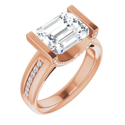 10K Rose Gold Customizable Cathedral-Bar Emerald/Radiant Cut Design featuring Shared Prong Band and Prong Accents