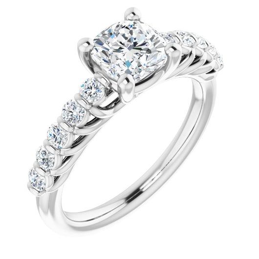 10K White Gold Customizable Cushion Cut Style with Round Bar-set Accents