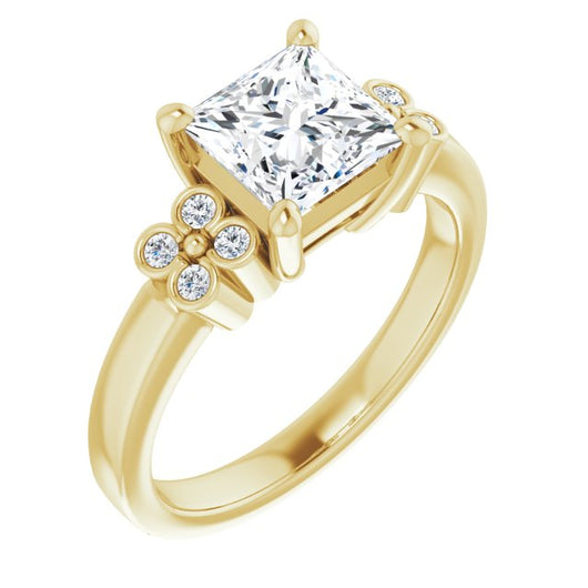 10K Yellow Gold Customizable 9-stone Design with Princess/Square Cut Center and Complementary Quad Bezel-Accent Sets