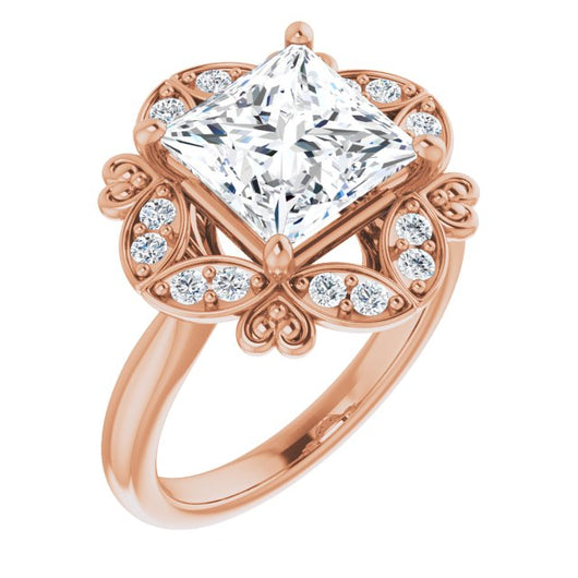 10K Rose Gold Customizable Princess/Square Cut Design with Floral Segmented Halo & Sculptural Basket