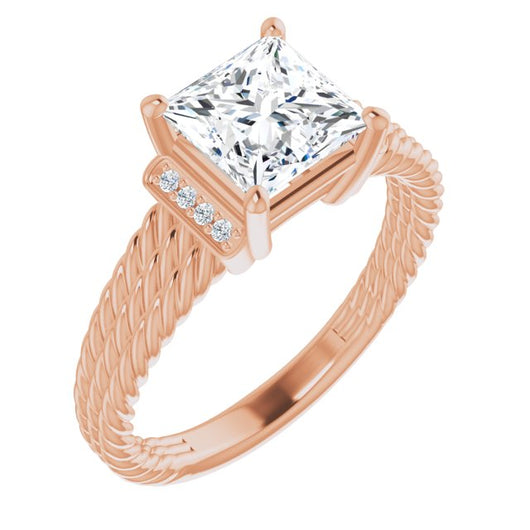 10K Rose Gold Customizable 11-stone Design featuring Princess/Square Cut Center, Vertical Round-Channel Accents & Wide Triple-Rope Band