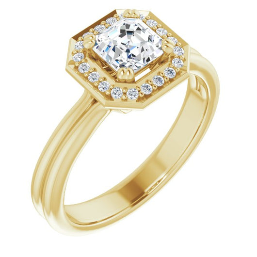 10K Yellow Gold Customizable Asscher Cut Style with Scooped Halo and Grooved Band