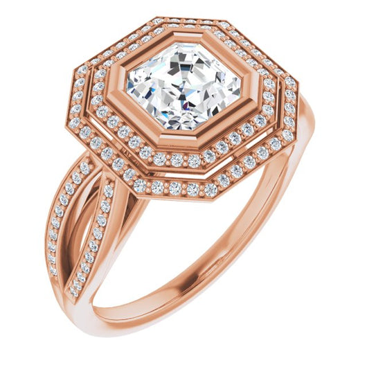 10K Rose Gold Customizable Bezel-set Asscher Cut Style with Double Halo and Split Shared Prong Band