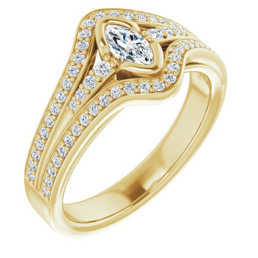 10K Yellow Gold Customizable Cathedral-Bezel Marquise Cut Design with Wide Triple-Split-Pavé Band