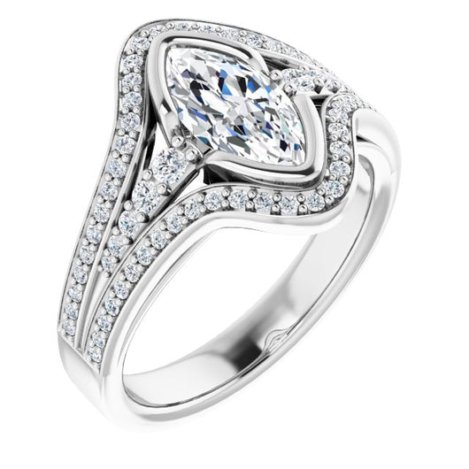 10K White Gold Customizable Cathedral-Bezel Marquise Cut Design with Wide Triple-Split-Pavé Band