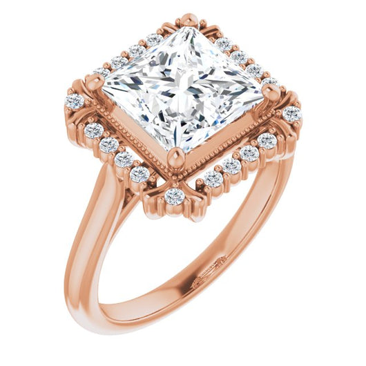 10K Rose Gold Customizable Princess/Square Cut Design with Majestic Crown Halo and Raised Illusion Setting