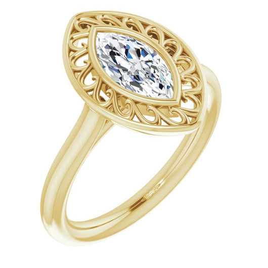 10K Yellow Gold Customizable Cathedral-Bezel Style Marquise Cut Solitaire with Flowery Filigree