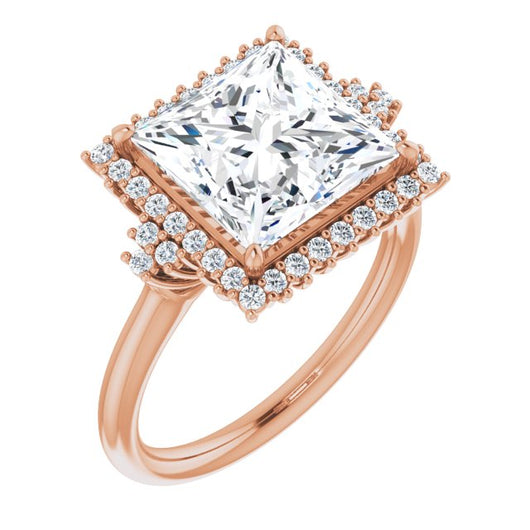 10K Rose Gold Customizable Princess/Square Cut Cathedral-Halo Design with Tri-Cluster Round Accents