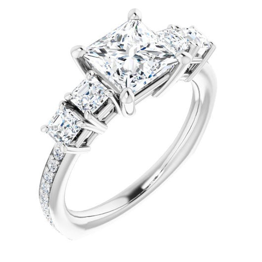 10K White Gold Customizable Princess/Square Cut 5-stone Style with Quad Princess/Square Accents plus Shared Prong Band