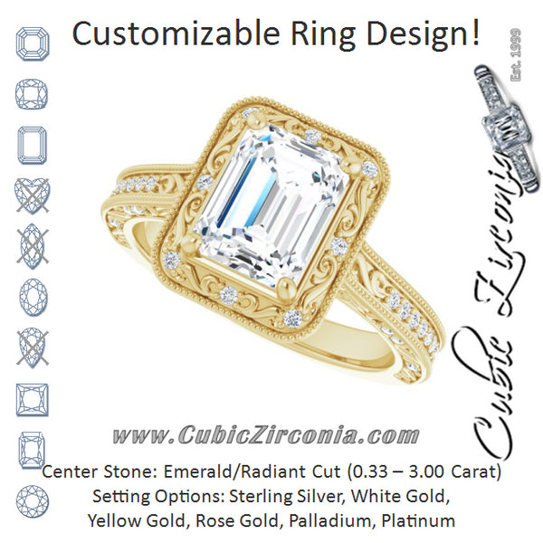 Cubic Zirconia Engagement Ring- The Eowyn (Customizable Vintage Artisan Emerald Cut Design with 3-Sided Filigree and Side Inlay Accent Enhancements)