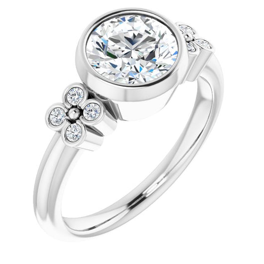 10K White Gold Customizable 9-stone Bezel-set Round Cut Design with Quad Round Bezel Side Stones Each Side