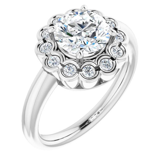 10K White Gold Customizable 13-stone Round Cut Design with Floral-Halo Round Bezel Accents