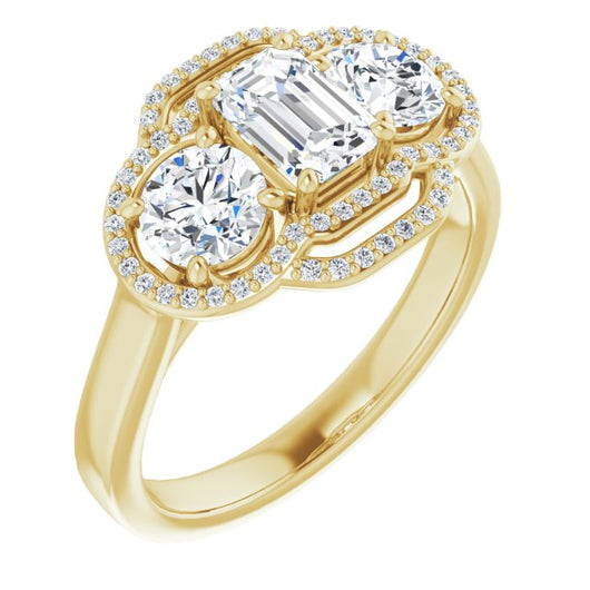 10K Yellow Gold Customizable Cathedral-set Enhanced 3-stone Emerald/Radiant Cut Design with Multidirectional Halo