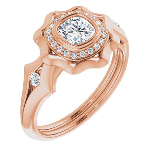 10K Rose Gold Customizable Bezel-set Cushion Cut with Halo & Oversized Floral Design