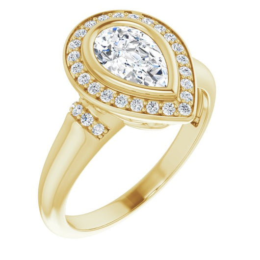 10K Yellow Gold Customizable Bezel-set Pear Cut Design with Halo and Vertical Round Channel Accents