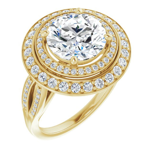 10K Yellow Gold Customizable Cathedral-style Round Cut Design with Double Halo & Split-Pavé Band