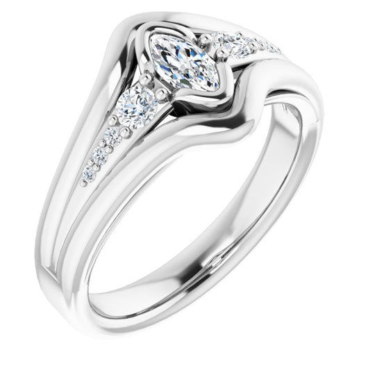 10K White Gold Customizable 9-stone Marquise Cut Design with Bezel Center, Wide Band and Round Prong Side Stones