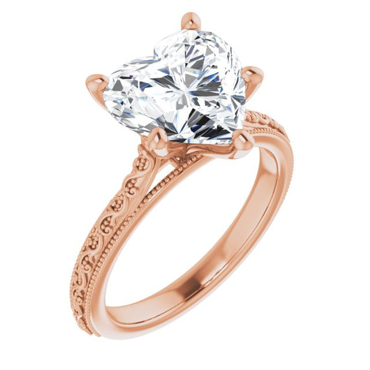 10K Rose Gold Customizable Heart Cut Solitaire with Delicate Milgrain Filigree Band